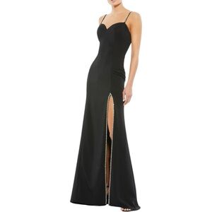 Ieena Mac Duggal Black Rhinestone Strap Gown size 2 Sweetheart Neckline Slit NWT